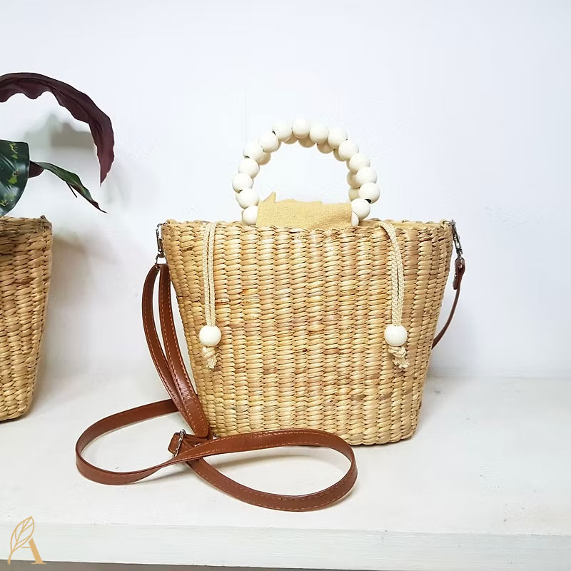 Túi lục bình quai hạt gỗ dây đeo tăng giảm bằng da